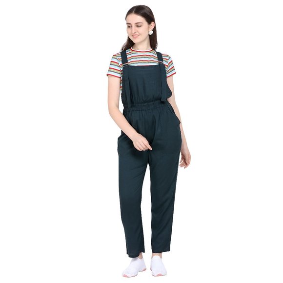 Grimblehawk Pants - Women Solid Dungaree With Strip Printed Crop Top